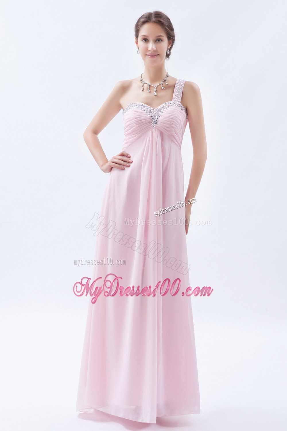 Baby Pink Empire One Shoulder Bridesmaid Dress Beading Decorate