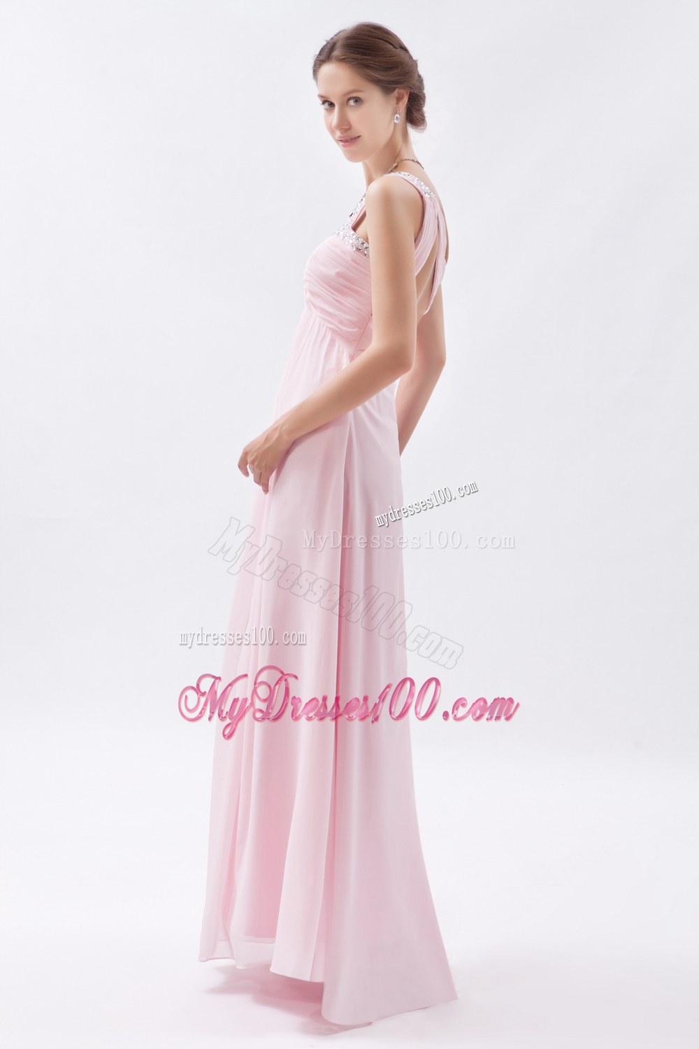 Baby Pink Empire One Shoulder Bridesmaid Dress Beading Decorate