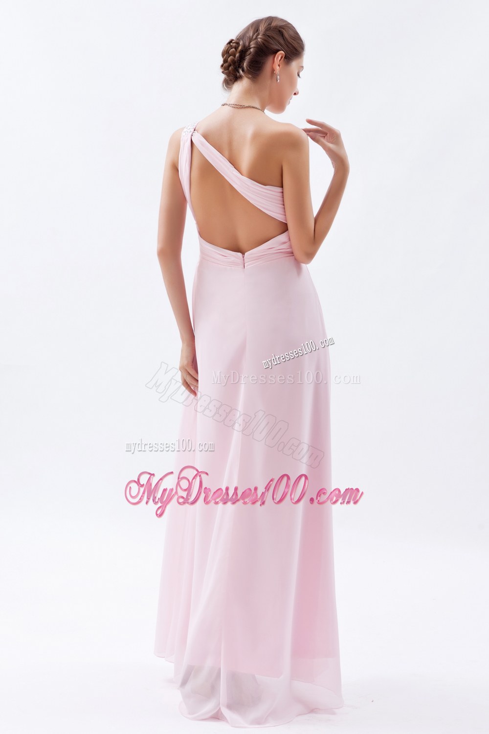 Baby Pink Empire One Shoulder Bridesmaid Dress Beading Decorate