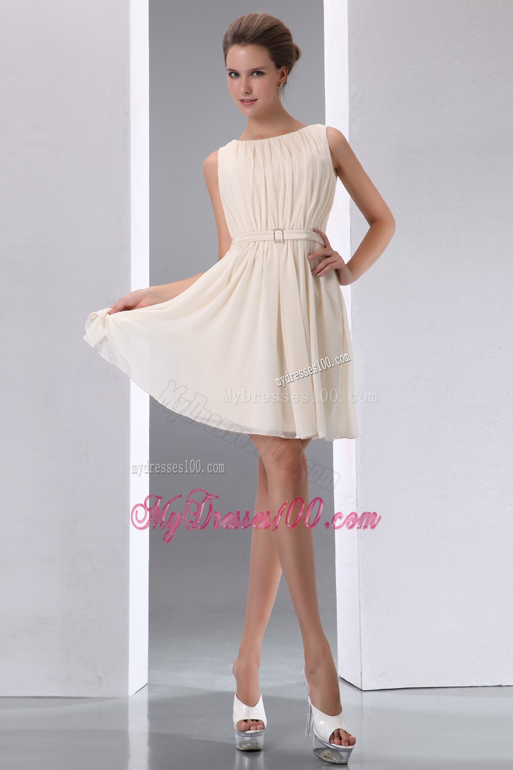 A-line Scoop Ruched Champagne Bridesmaid Dress in Mini-length