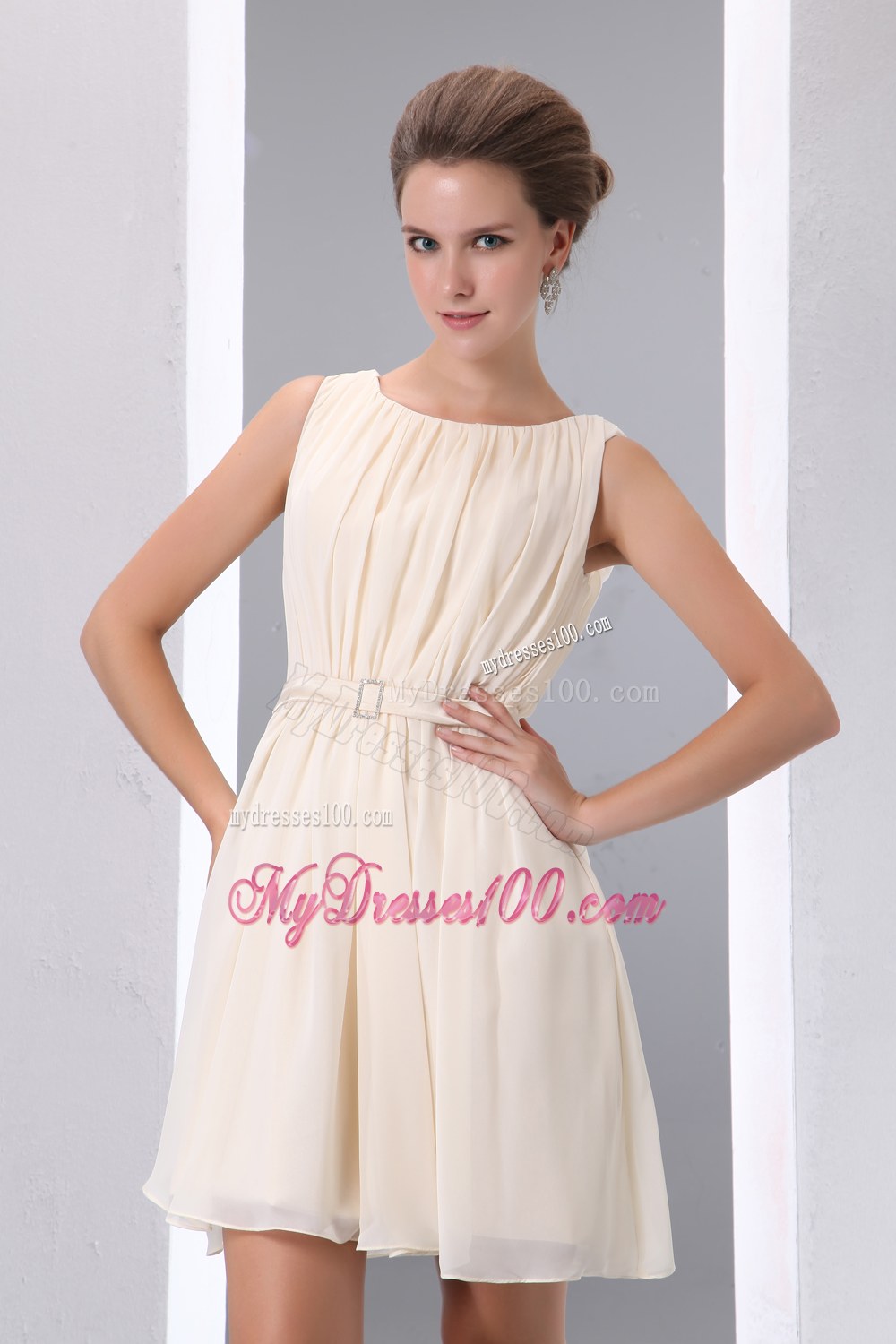 A-line Scoop Ruched Champagne Bridesmaid Dress in Mini-length