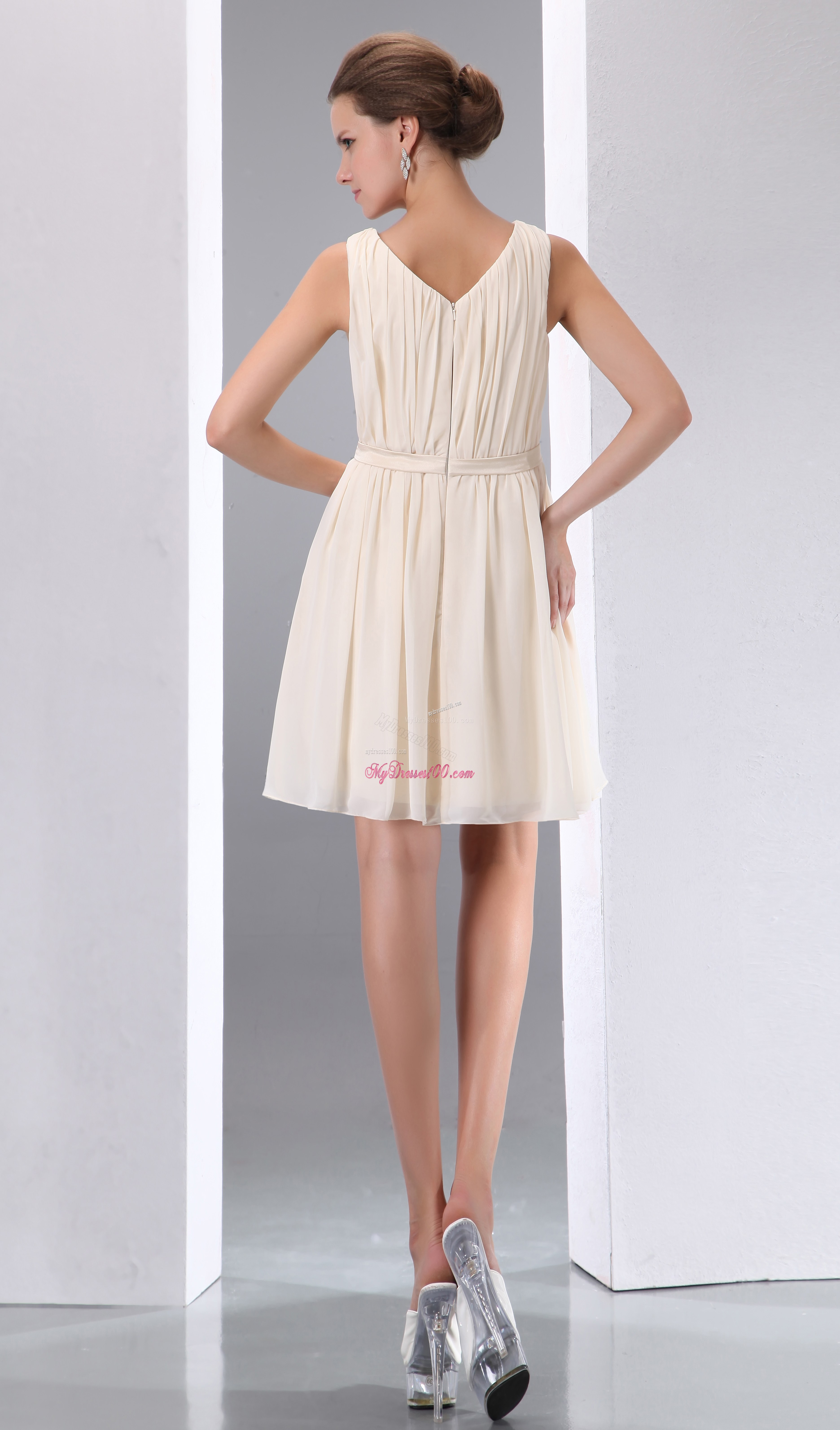A-line Scoop Ruched Champagne Bridesmaid Dress in Mini-length