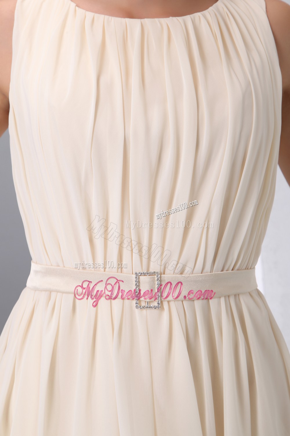 A-line Scoop Ruched Champagne Bridesmaid Dress in Mini-length