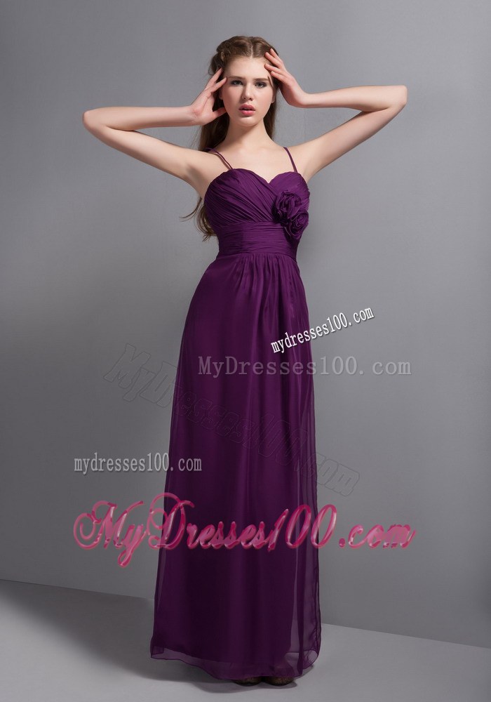 Straps Purple Ankle-length Chiffon Bridemaid Dress with Hand Flower