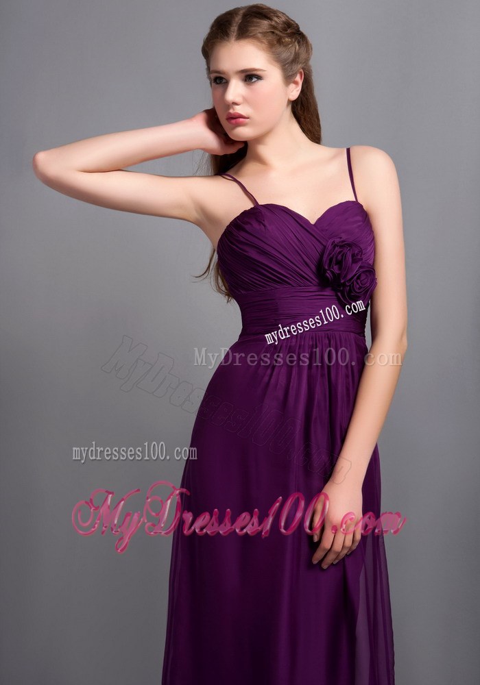 Straps Purple Ankle-length Chiffon Bridemaid Dress with Hand Flower