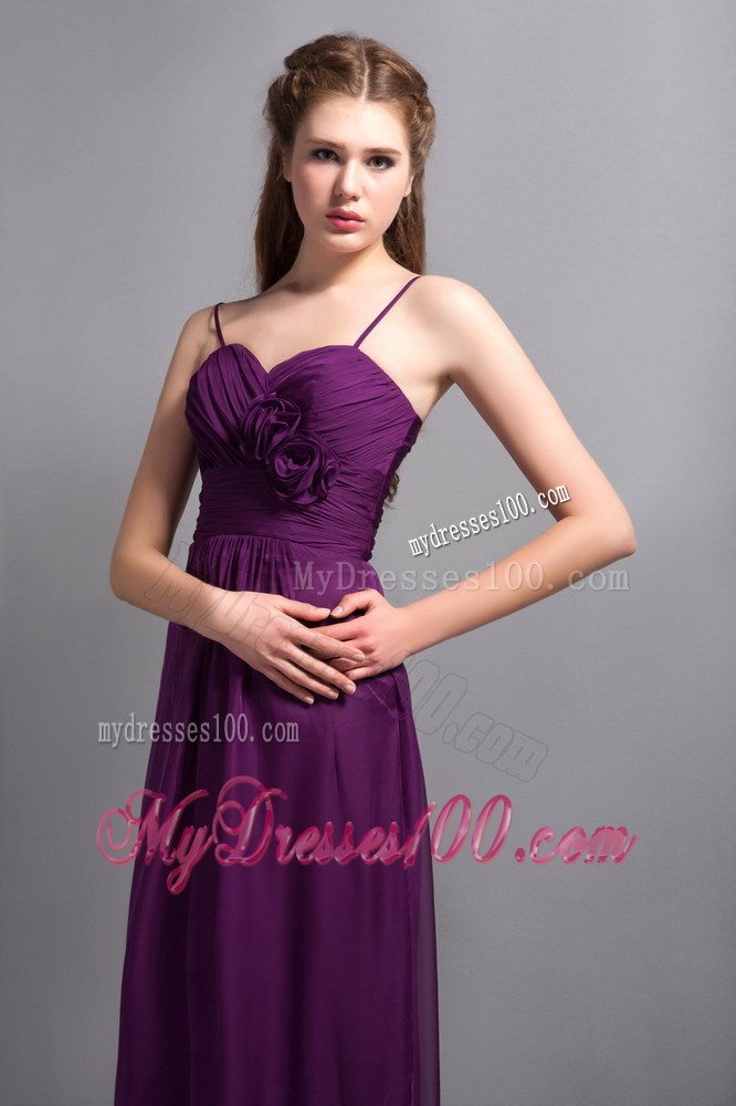 Straps Purple Ankle-length Chiffon Bridemaid Dress with Hand Flower