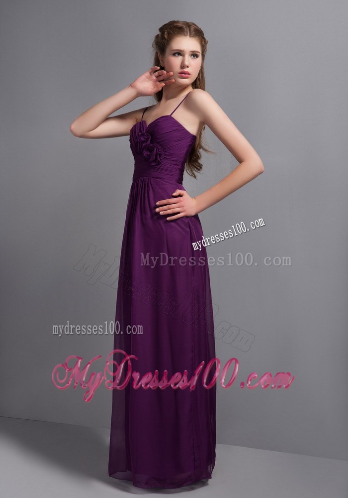 Straps Purple Ankle-length Chiffon Bridemaid Dress with Hand Flower