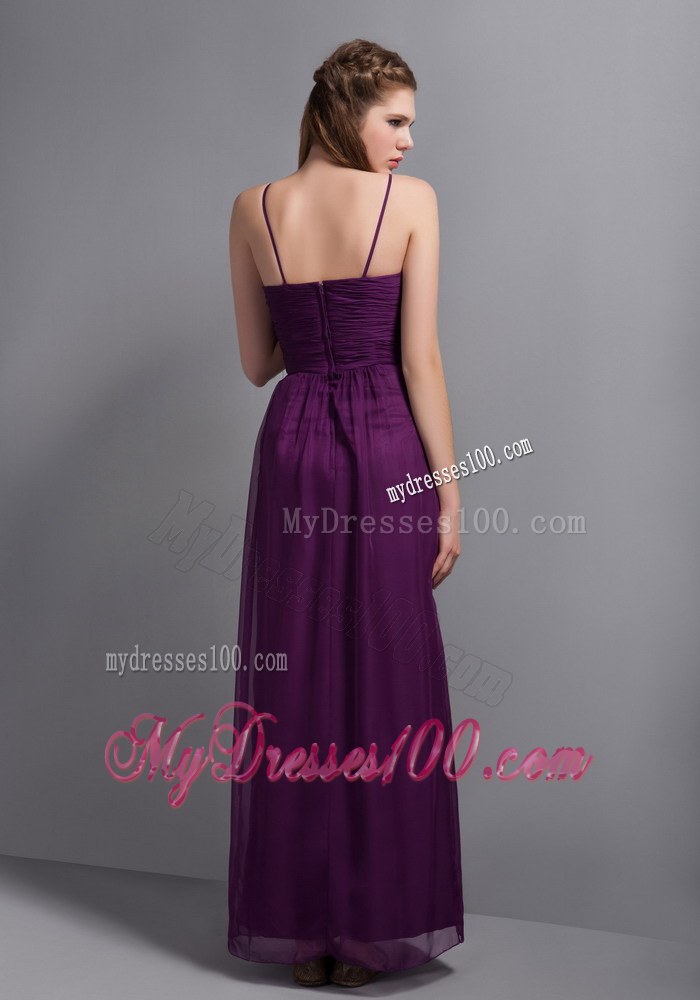 Straps Purple Ankle-length Chiffon Bridemaid Dress with Hand Flower