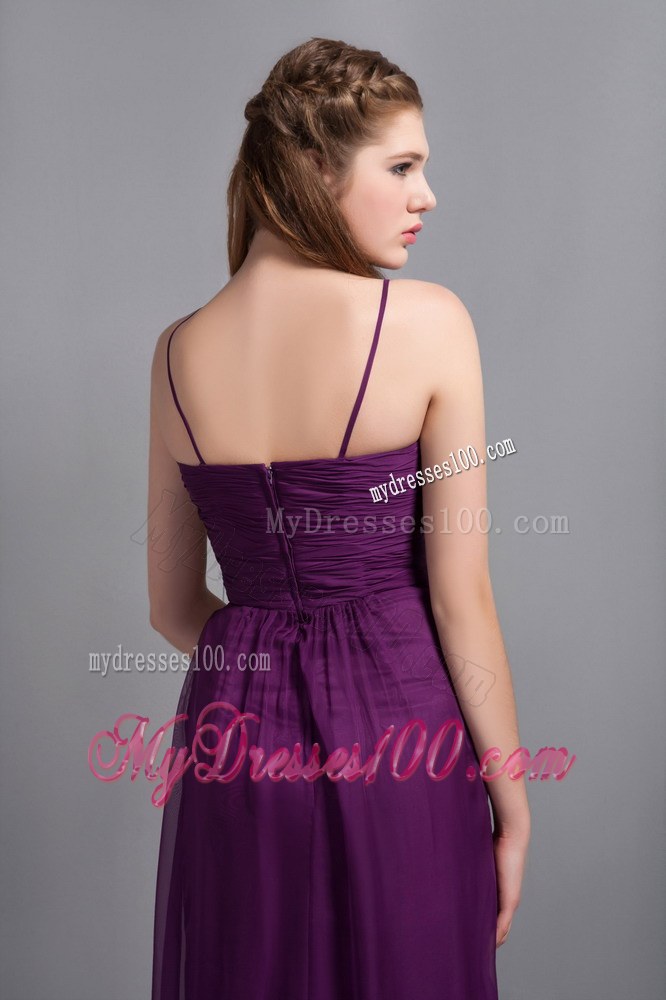 Straps Purple Ankle-length Chiffon Bridemaid Dress with Hand Flower