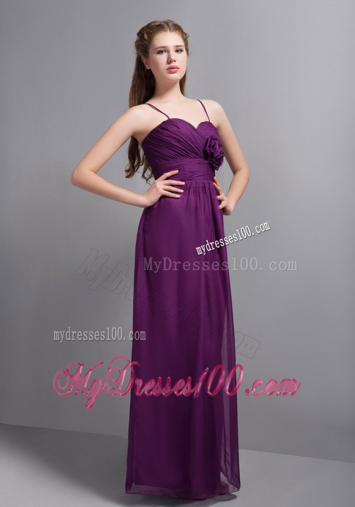 Straps Purple Ankle-length Chiffon Bridemaid Dress with Hand Flower