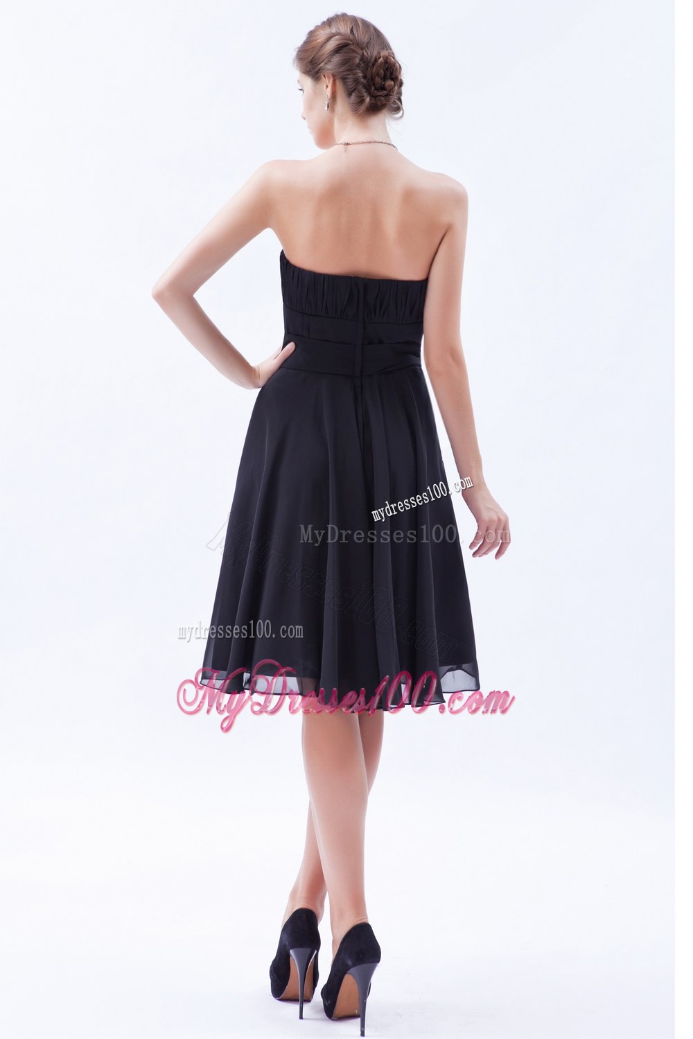 Brown A-line Knee-length Chiffon Bow Decorate Bridesmaid Dress