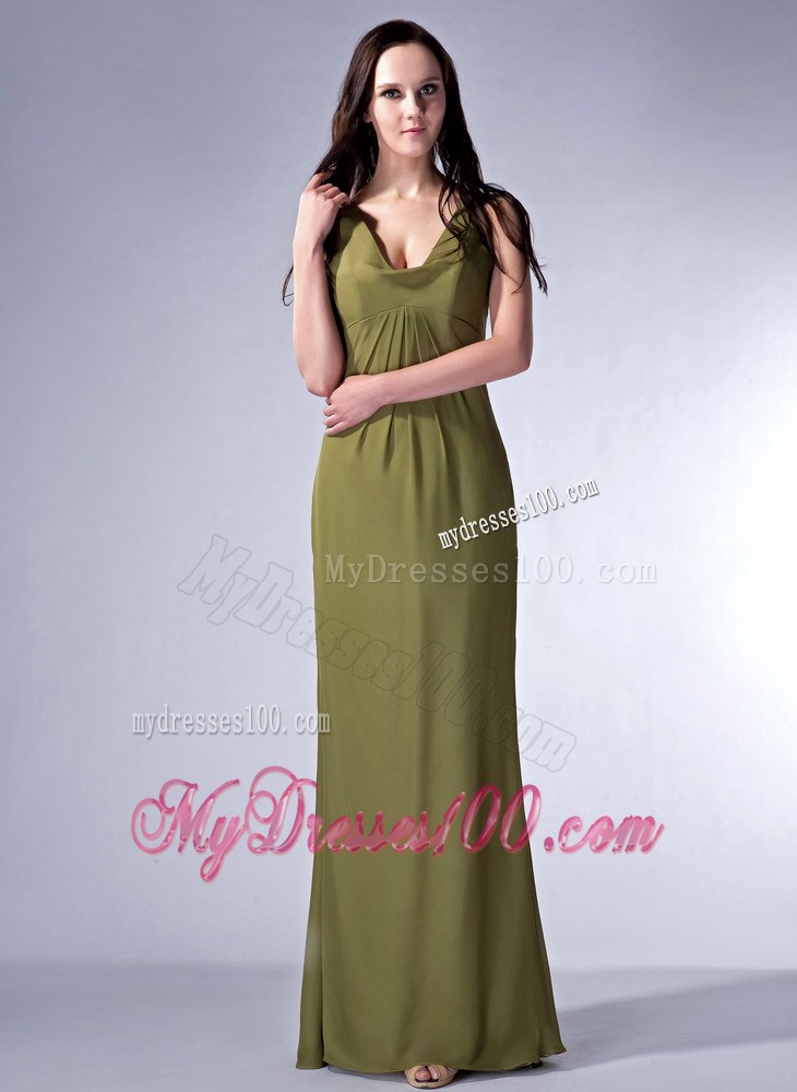 Cheap Olive Green Column V-neck Bridesmaid Dress Pleats Accented
