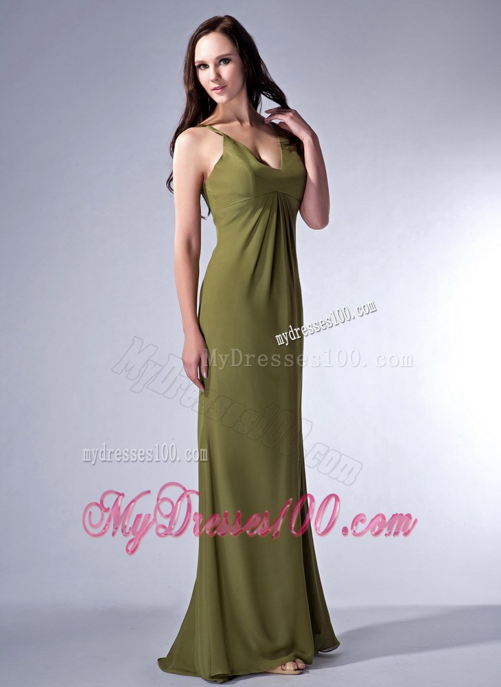 Cheap Olive Green Column V-neck Bridesmaid Dress Pleats Accented