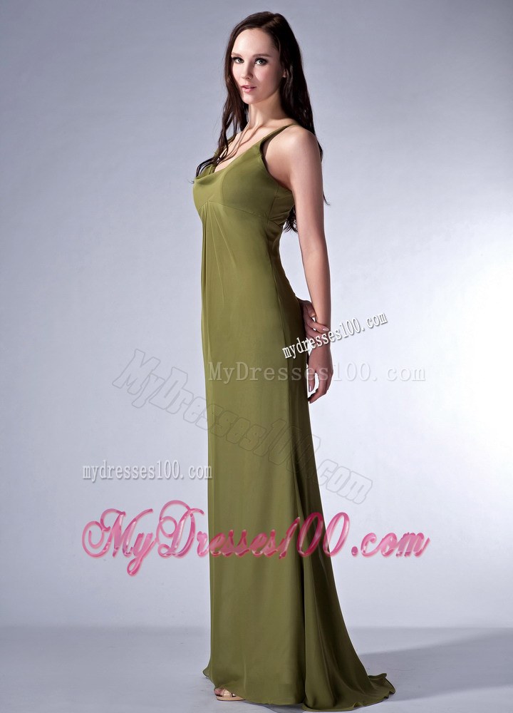 Cheap Olive Green Column V-neck Bridesmaid Dress Pleats Accented