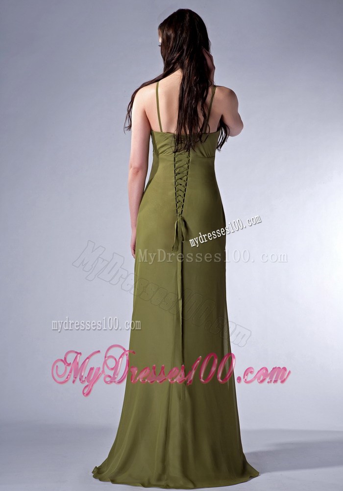Cheap Olive Green Column V-neck Bridesmaid Dress Pleats Accented