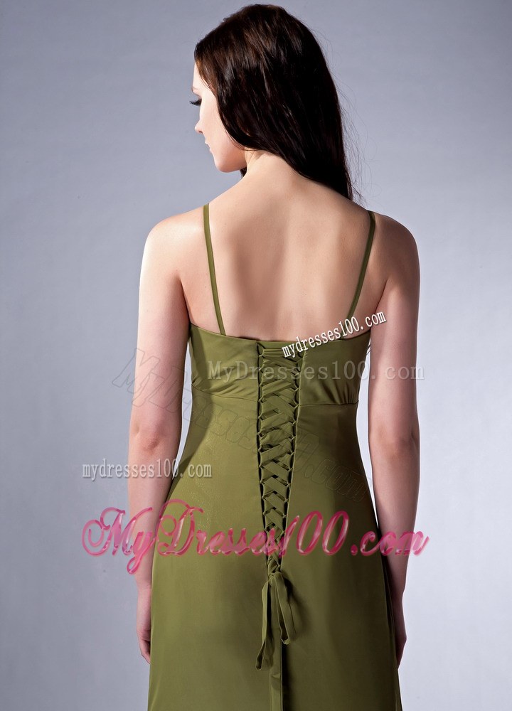 Cheap Olive Green Column V-neck Bridesmaid Dress Pleats Accented