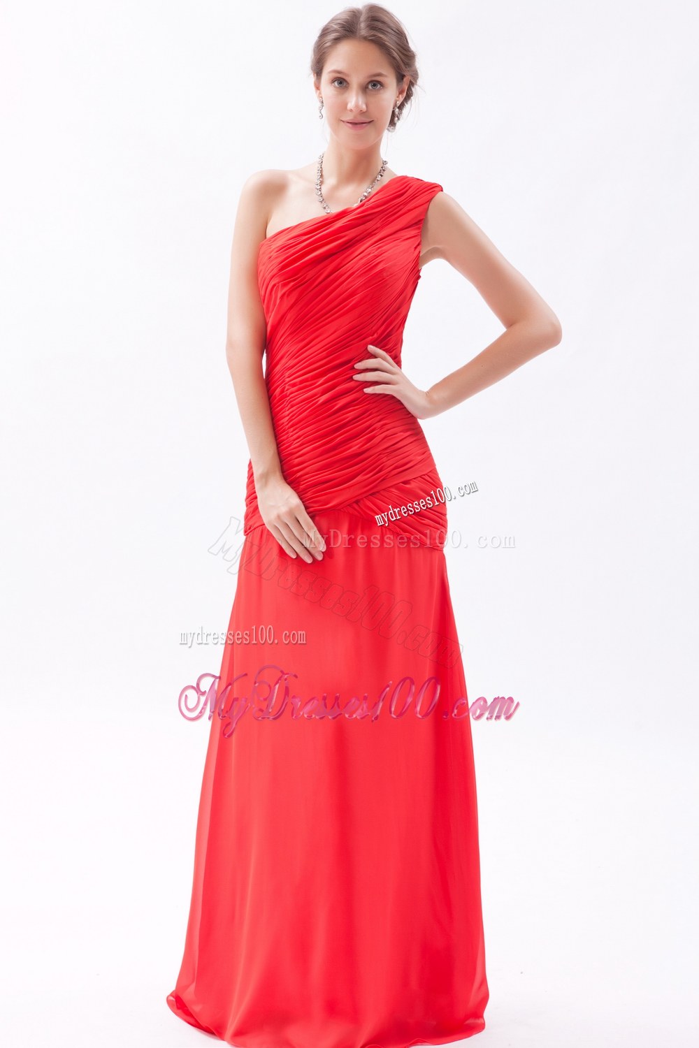 2013 Red Column Style One Shoulder Bridesmaid Dress with Pleats