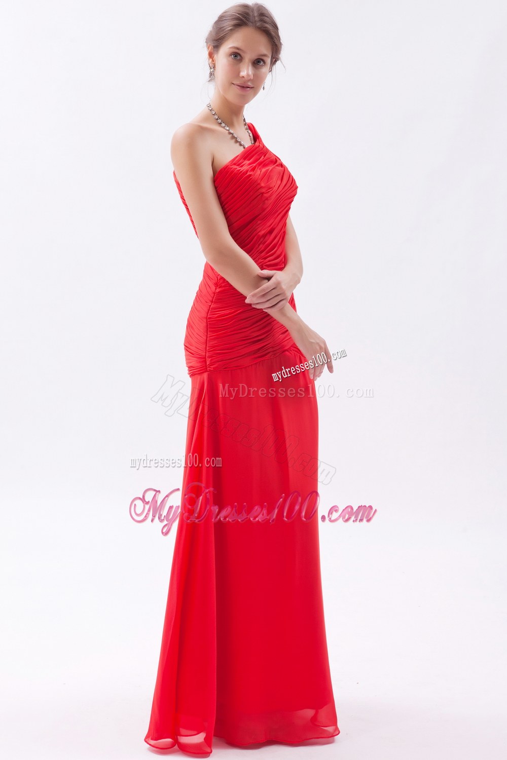 2013 Red Column Style One Shoulder Bridesmaid Dress with Pleats
