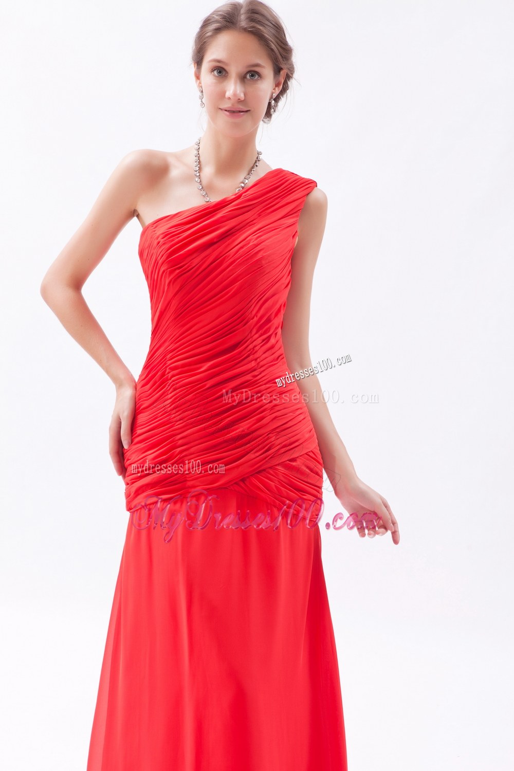 2013 Red Column Style One Shoulder Bridesmaid Dress with Pleats