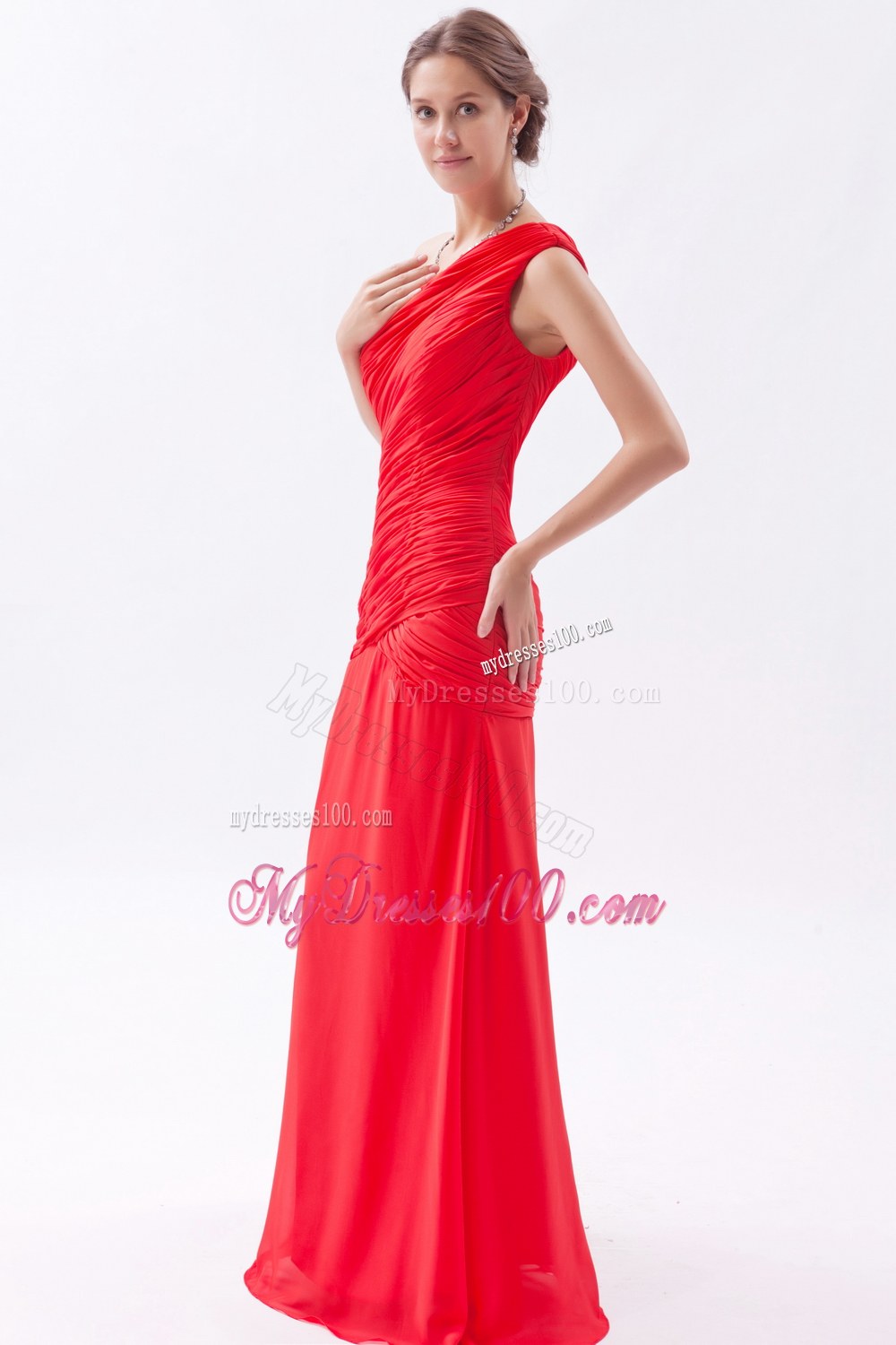 2013 Red Column Style One Shoulder Bridesmaid Dress with Pleats