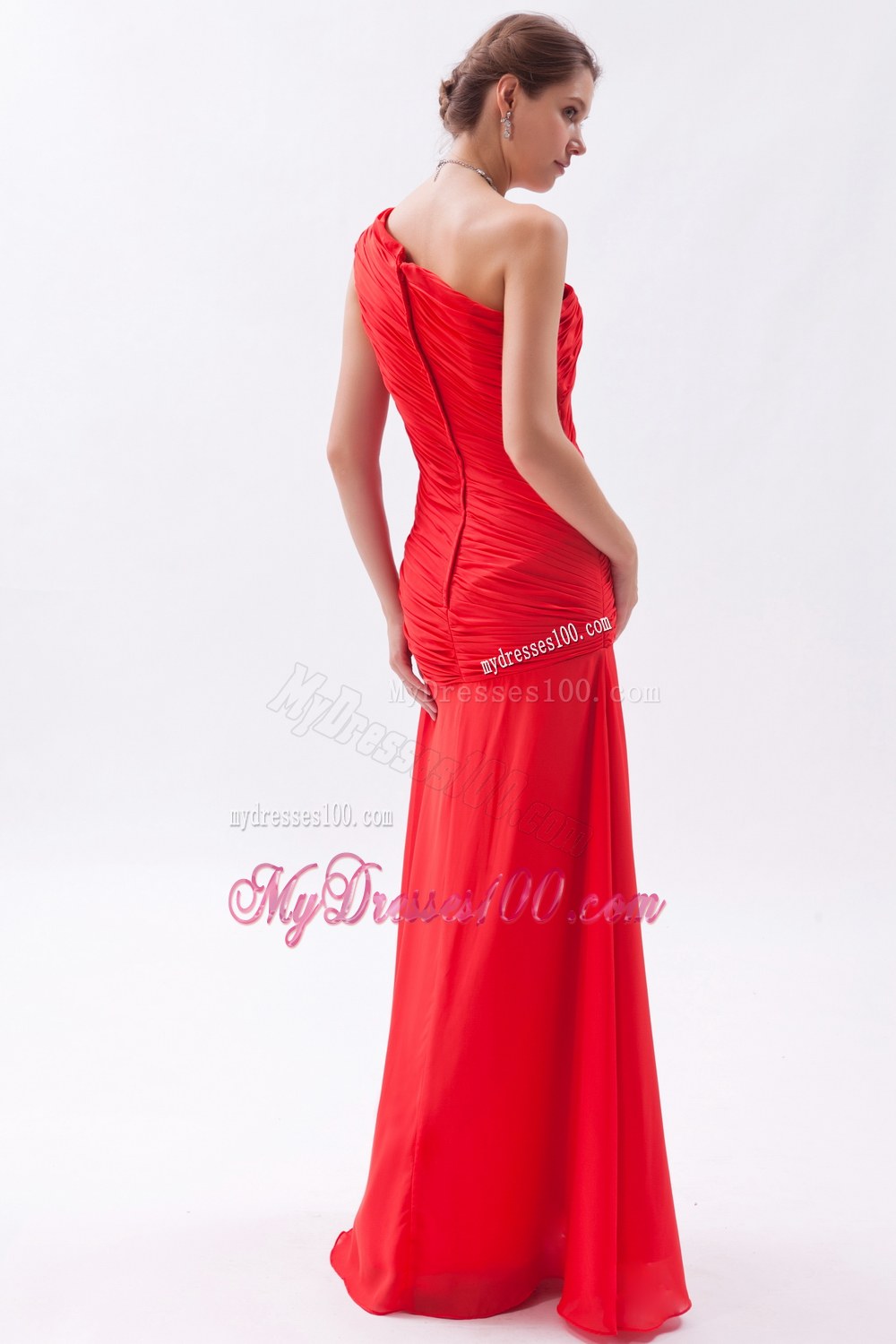 2013 Red Column Style One Shoulder Bridesmaid Dress with Pleats