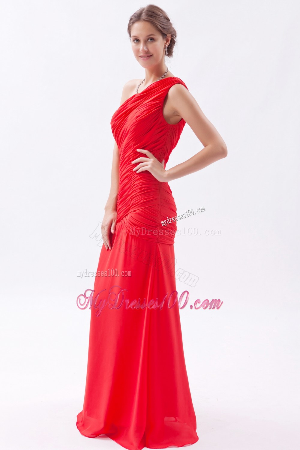 2013 Red Column Style One Shoulder Bridesmaid Dress with Pleats