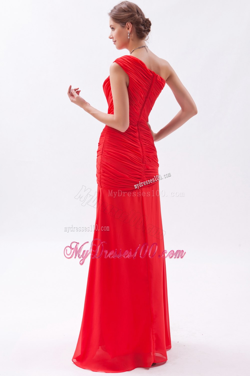 2013 Red Column Style One Shoulder Bridesmaid Dress with Pleats