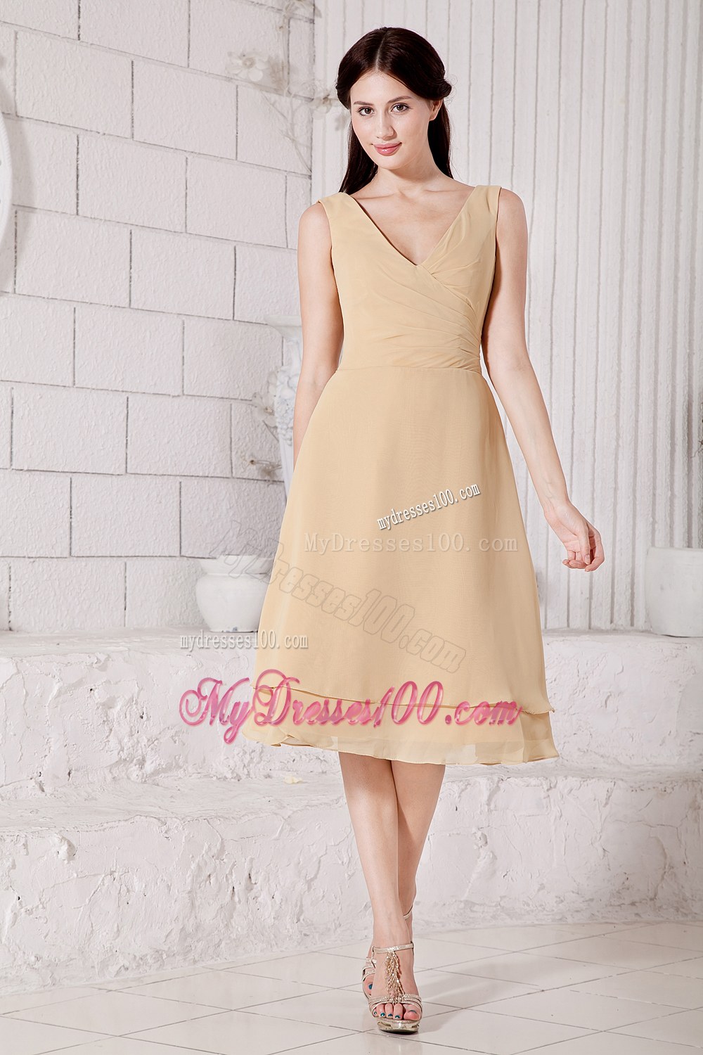 Champagne A-line V-neck Chiffon Bridesmaid Dress in Tea-length