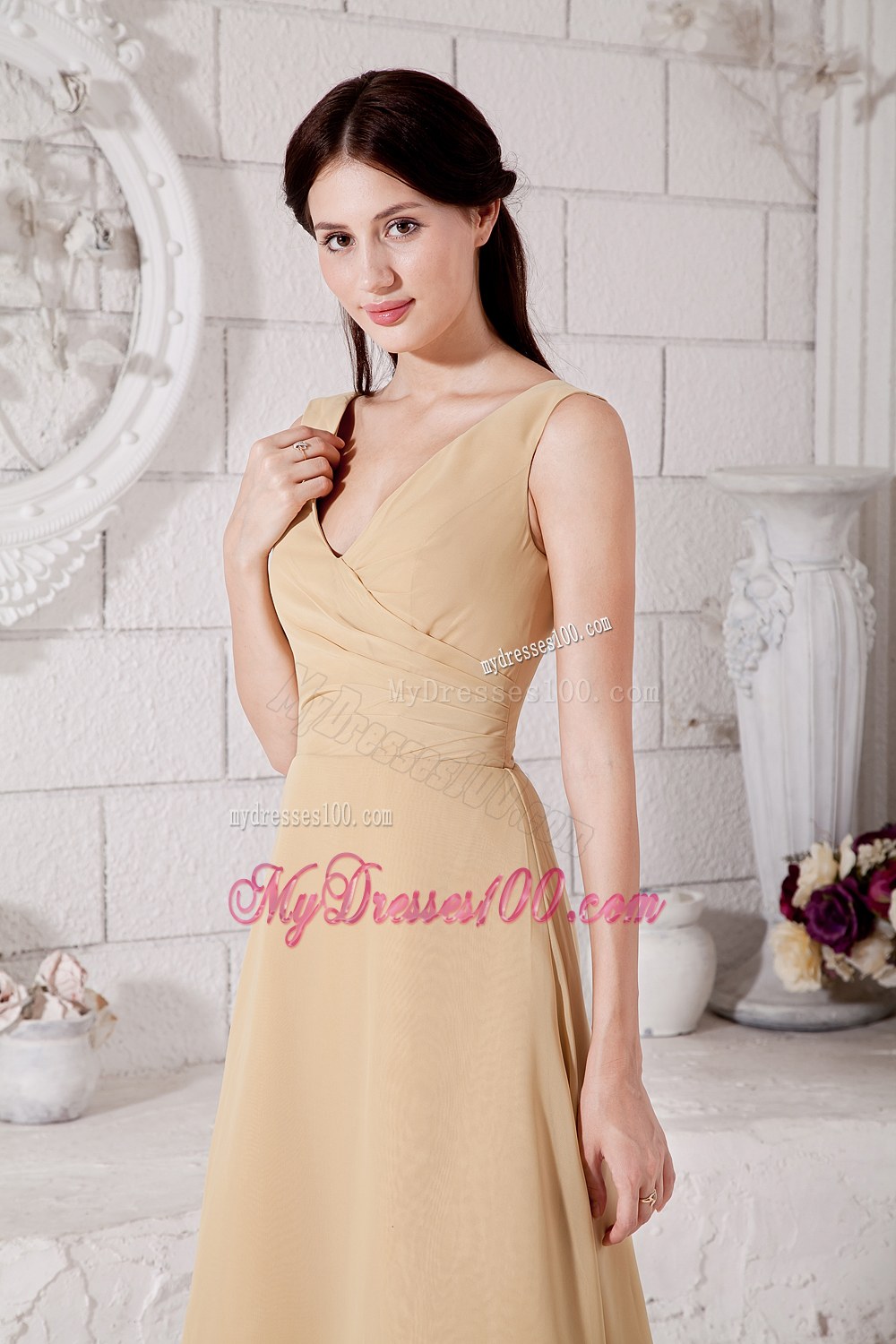Champagne A-line V-neck Chiffon Bridesmaid Dress in Tea-length