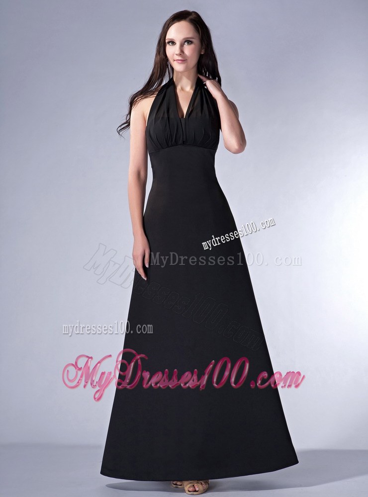 2013 Simple Black Column Halter Bridesmaid Dress in Ankle-length
