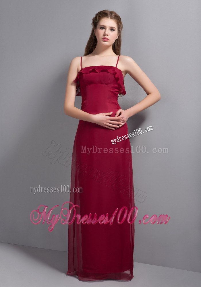 Wine Red Chiffon Bridesmaid Dress with Straps and Ruffles Decorate