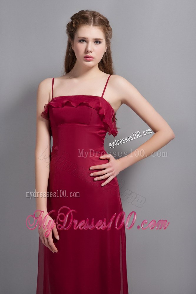 Wine Red Chiffon Bridesmaid Dress with Straps and Ruffles Decorate
