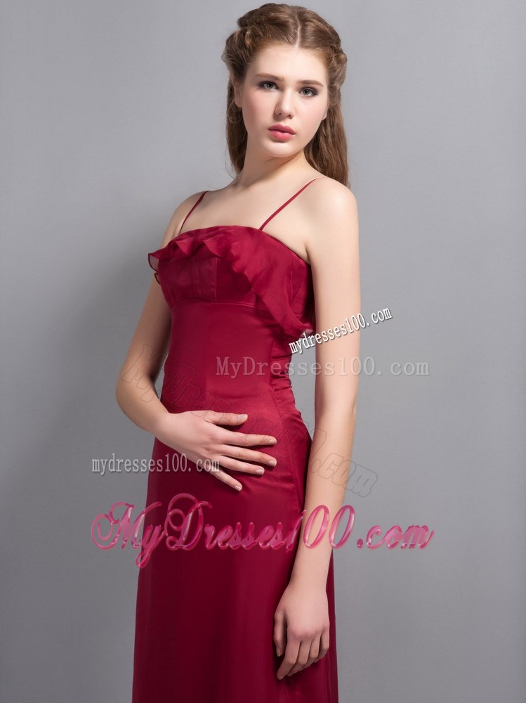 Wine Red Chiffon Bridesmaid Dress with Straps and Ruffles Decorate