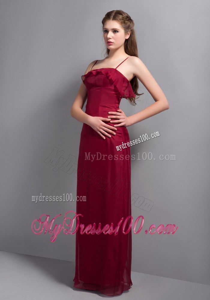 Wine Red Chiffon Bridesmaid Dress with Straps and Ruffles Decorate