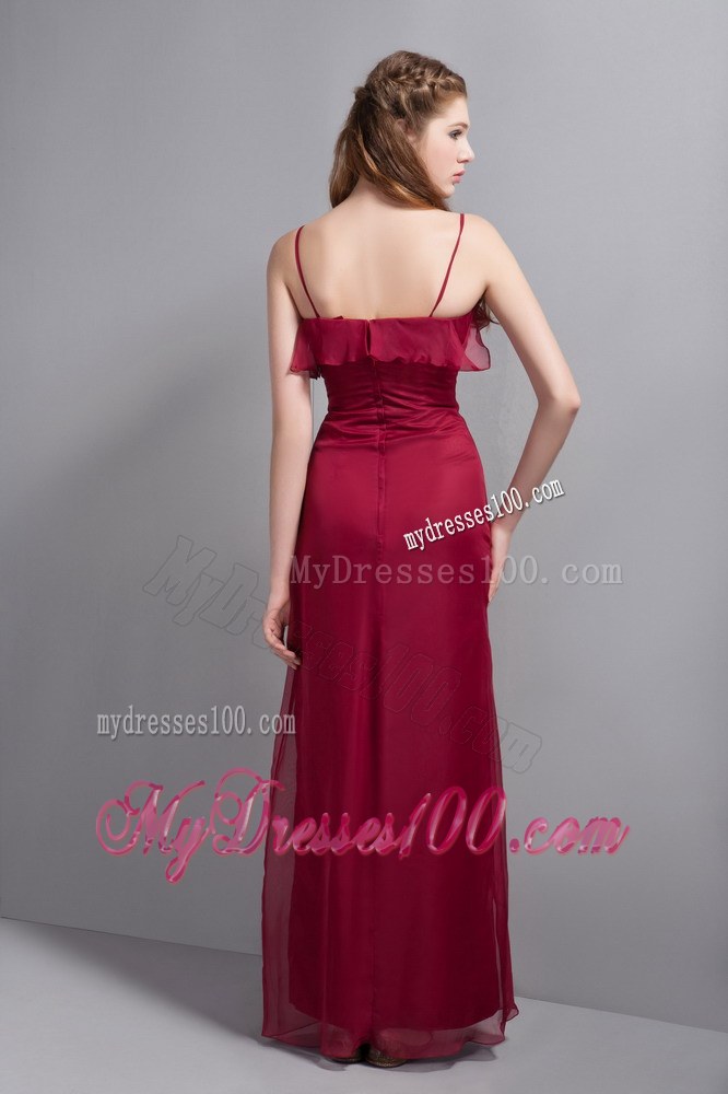 Wine Red Chiffon Bridesmaid Dress with Straps and Ruffles Decorate