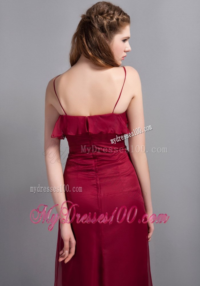 Wine Red Chiffon Bridesmaid Dress with Straps and Ruffles Decorate