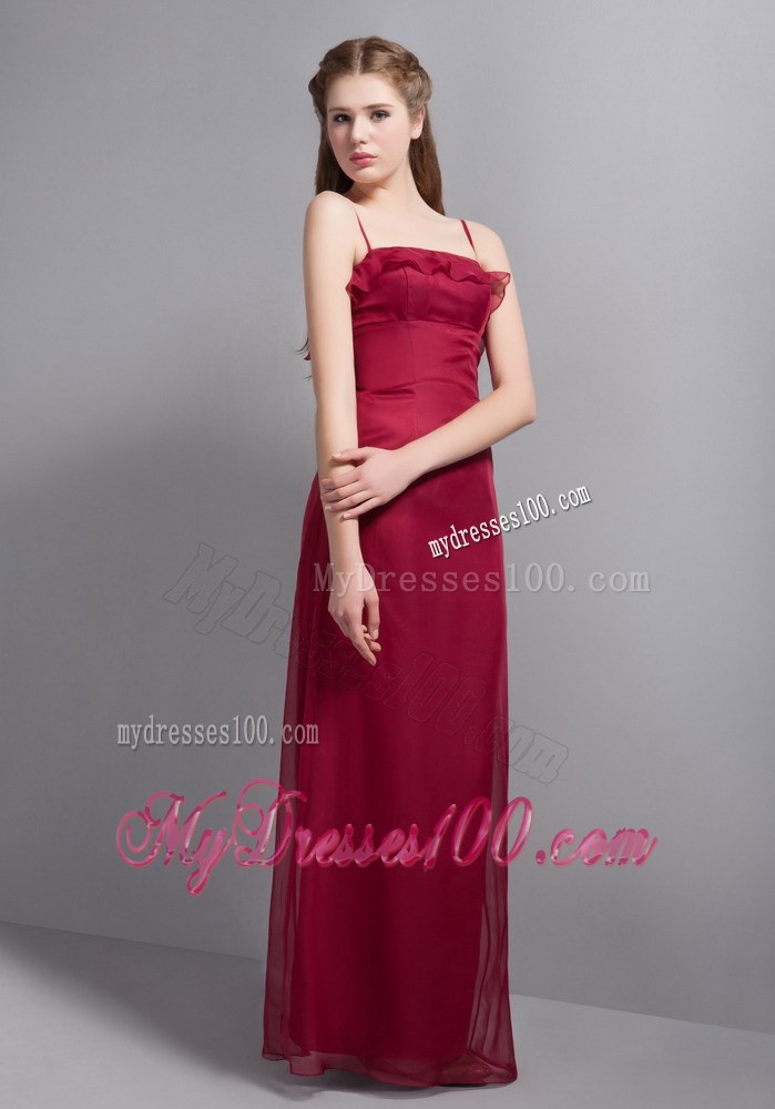 Wine Red Chiffon Bridesmaid Dress with Straps and Ruffles Decorate
