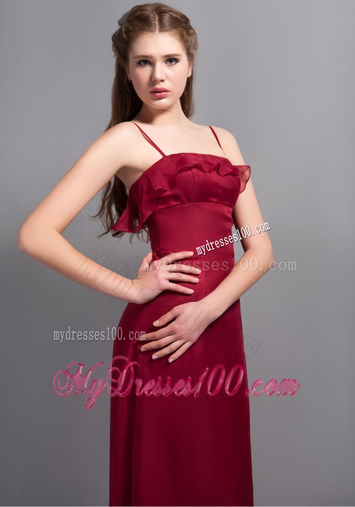 Wine Red Chiffon Bridesmaid Dress with Straps and Ruffles Decorate