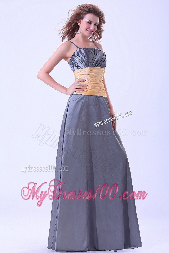 Sash Empire Dark Grey Bridemaids Dress With Ruching Spaghetti Straps