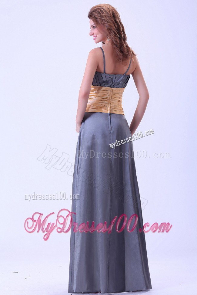 Sash Empire Dark Grey Bridemaids Dress With Ruching Spaghetti Straps