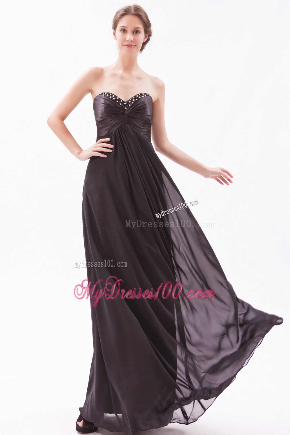 Black Empire Sweetheart Chiffon Bridesmaid Dress with Beading