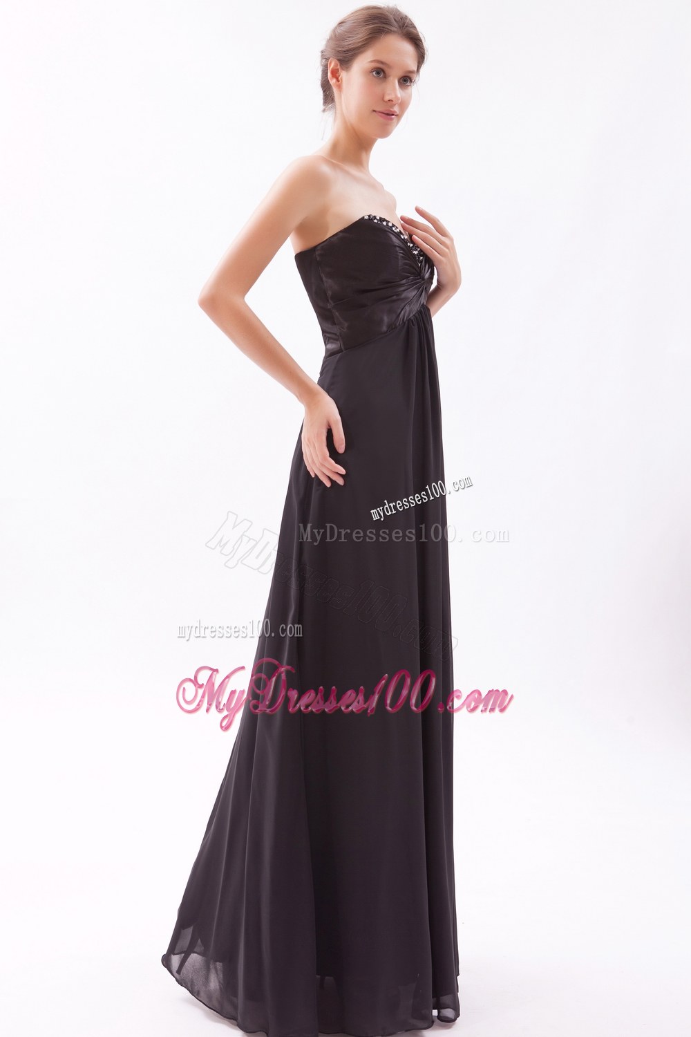 Black Empire Sweetheart Chiffon Bridesmaid Dress with Beading