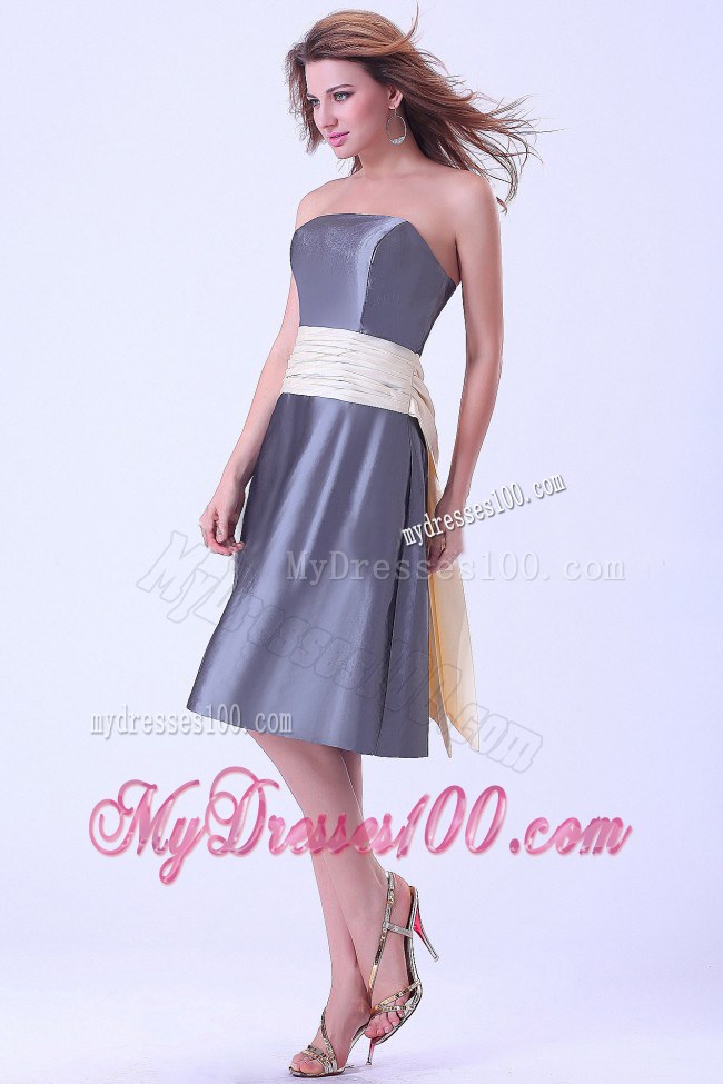 Empire Champagne Sash Knee-length Satin Grey Bridemaid Dress