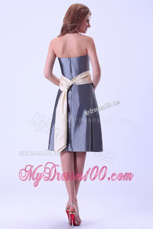 Empire Champagne Sash Knee-length Satin Grey Bridemaid Dress