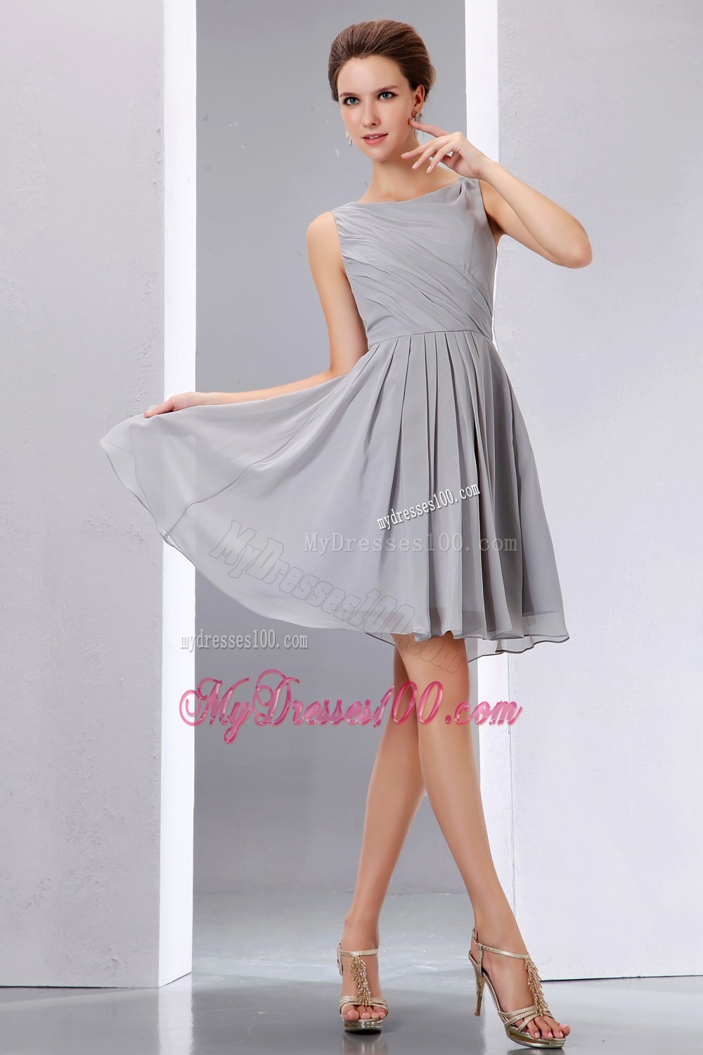Pretty Grey Ruched Knee-length A-line Bridesmaid Dress with Scoop
