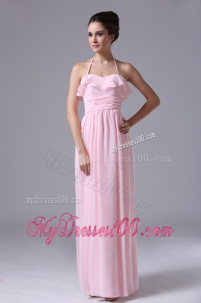 Halter Pink Chiffon Column 2013 Bridesmaid Dress With Ruche