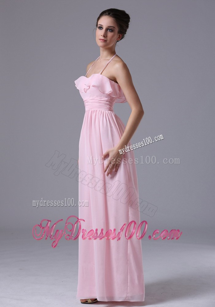 Halter Pink Chiffon Column 2013 Bridesmaid Dress With Ruche