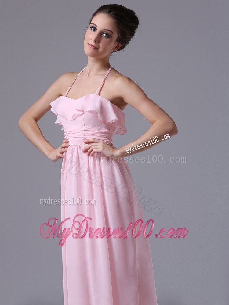 Halter Pink Chiffon Column 2013 Bridesmaid Dress With Ruche