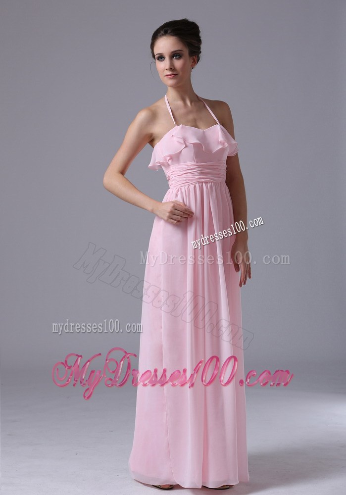 Halter Pink Chiffon Column 2013 Bridesmaid Dress With Ruche