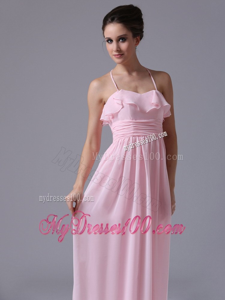Halter Pink Chiffon Column 2013 Bridesmaid Dress With Ruche